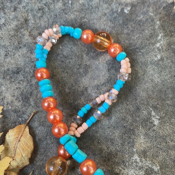 Handmade Boho Necklace Leaf Centre & Peach & Turquoise Beads & Matching Earrings - Picture 12 of 12